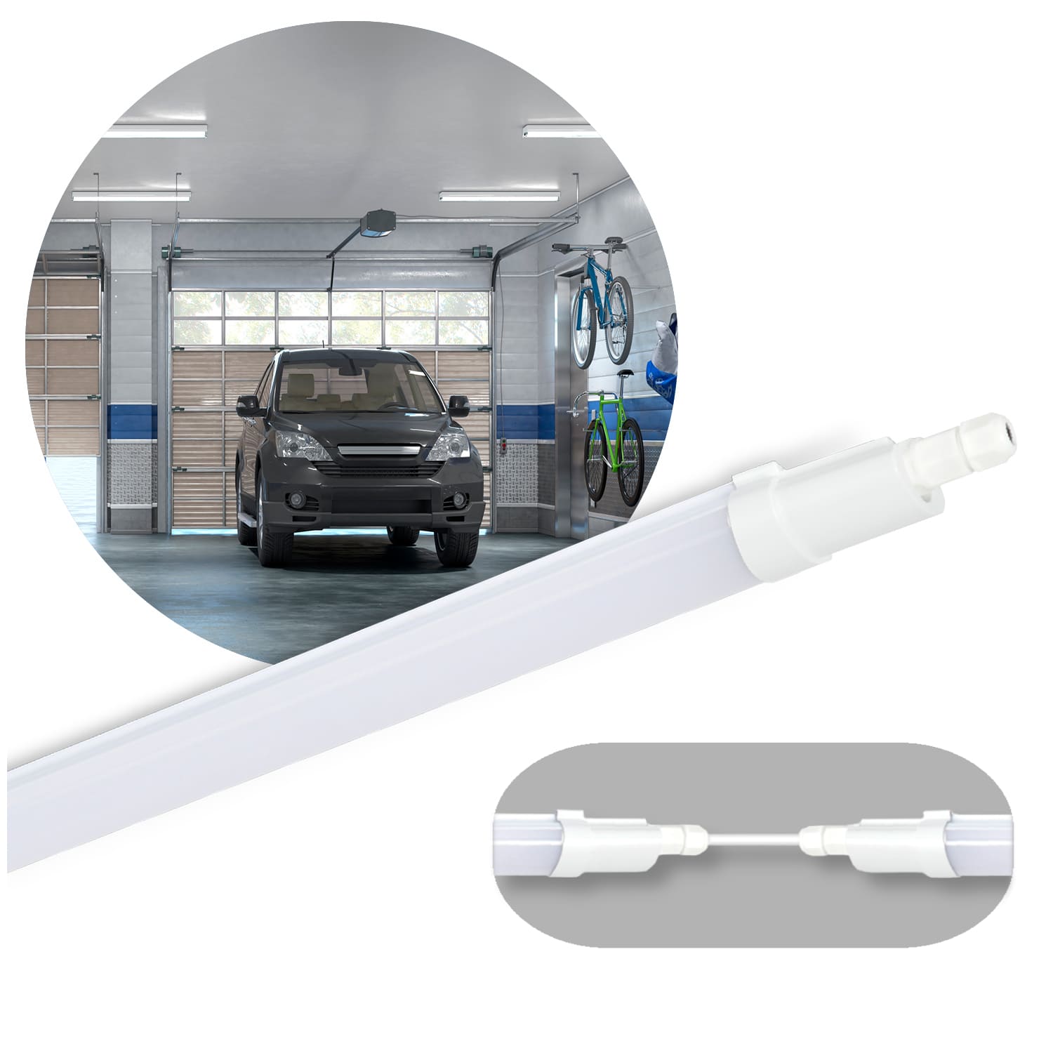 LED-Leuchte 150 cm im schlanken weißen Design, gezeigt als Beispiel für den Einsatz in Garage mit gleichmäßiger Beleuchtung.