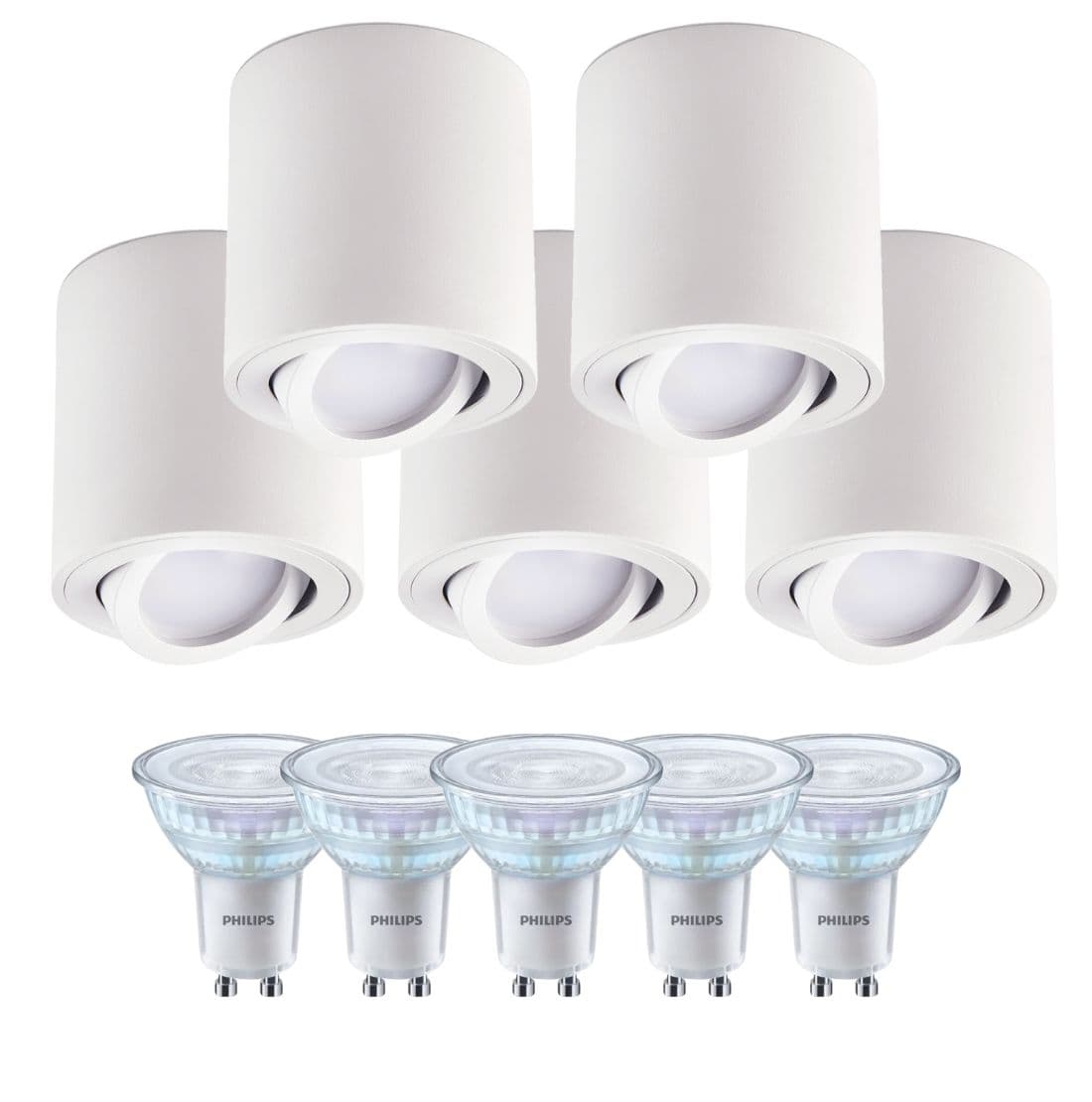 Påbygningsspots | 5 stk. paket inkl. Gu10 3000K | Dimbar | Vit | med Kip | Inomhus | 230V