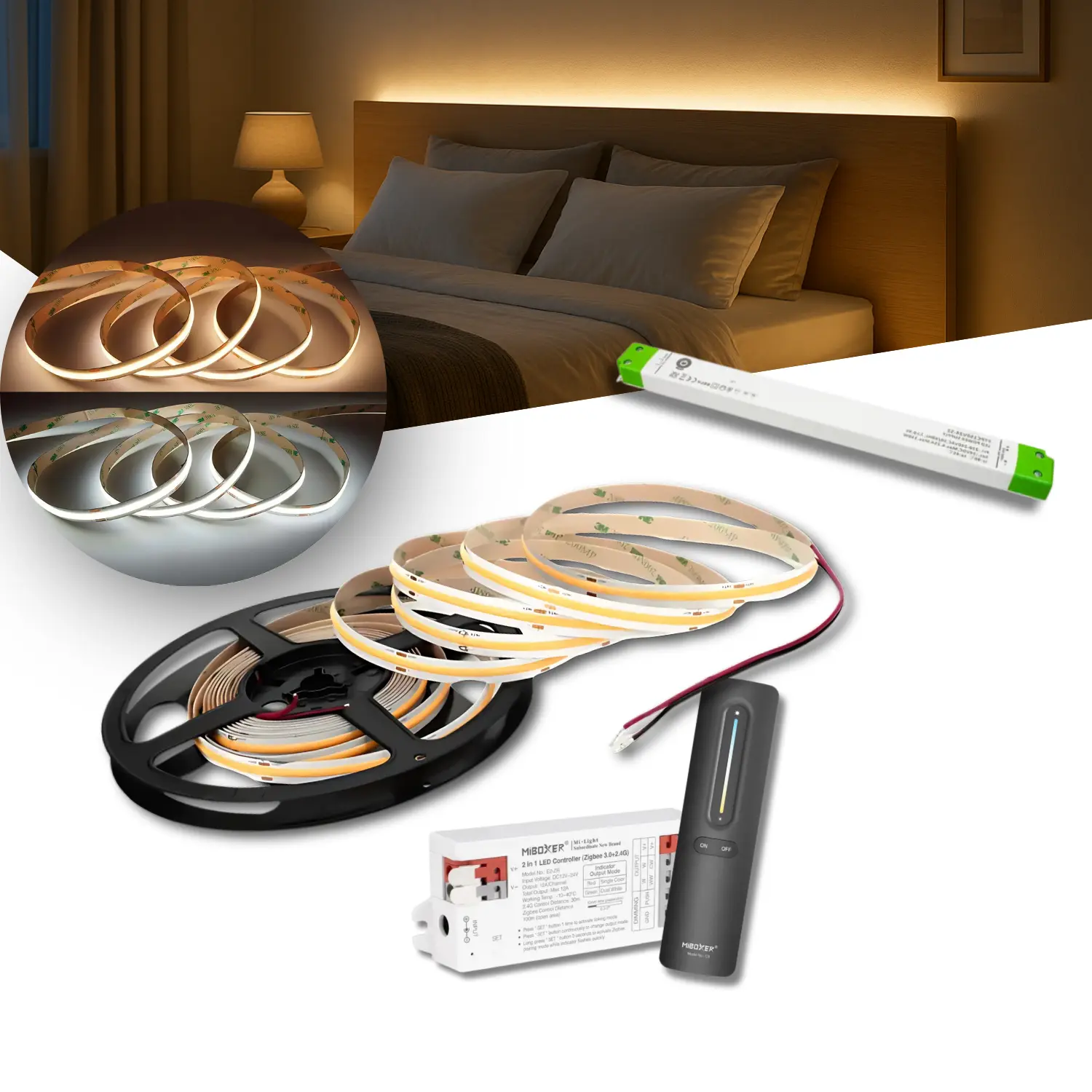 COB LED Strip Sæt | 5m | CCT | Zigbee | 20W/m | 10mm | Inkl. Controller og Fjernbetjening