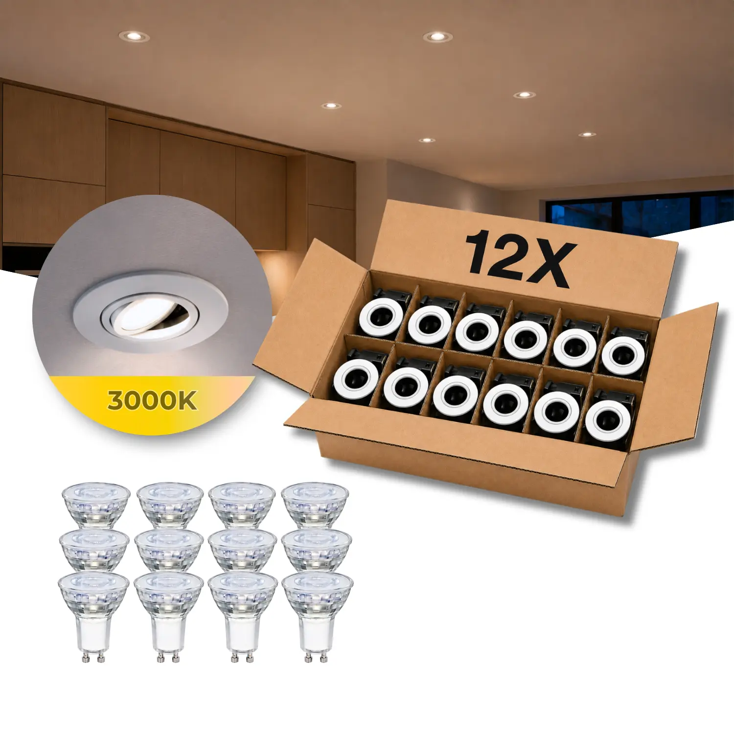 GU10-infällda spotlights | 12-pack | Inomhus/utomhus | Ø76 mm | Inkl. dimbara LED-lampor | PureLED | Vit