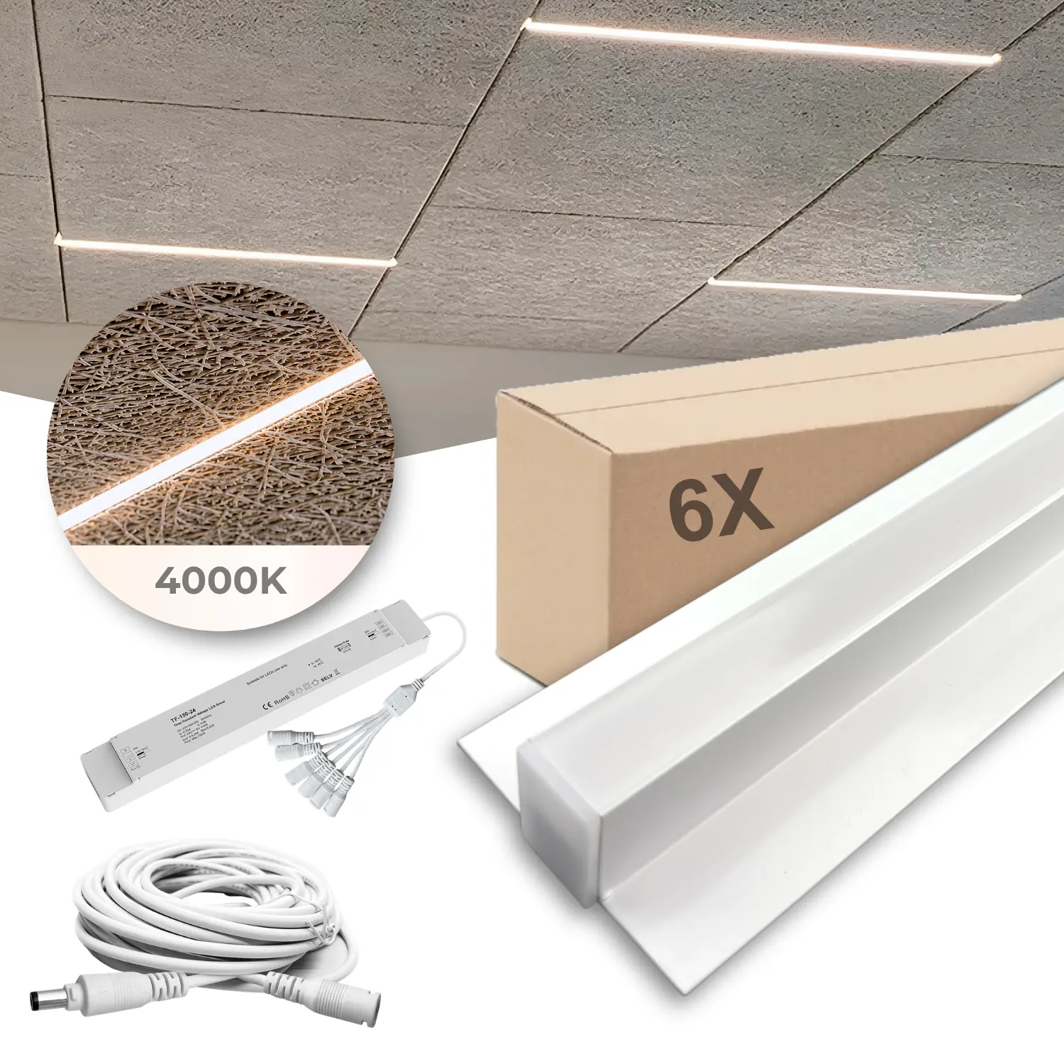 LED Troldtekt Skinner 60cm | 6 stk. Sæt | Inklusiv kabler, driver og 6-splitter | 4000K | PureLED | Hvid