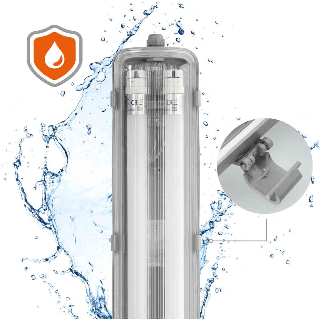 LED industriarmatur 120 cm IP65 med dubbla T8 LED-rör 2x18W i 4000K, vattenavvisande design med låsmekanism.