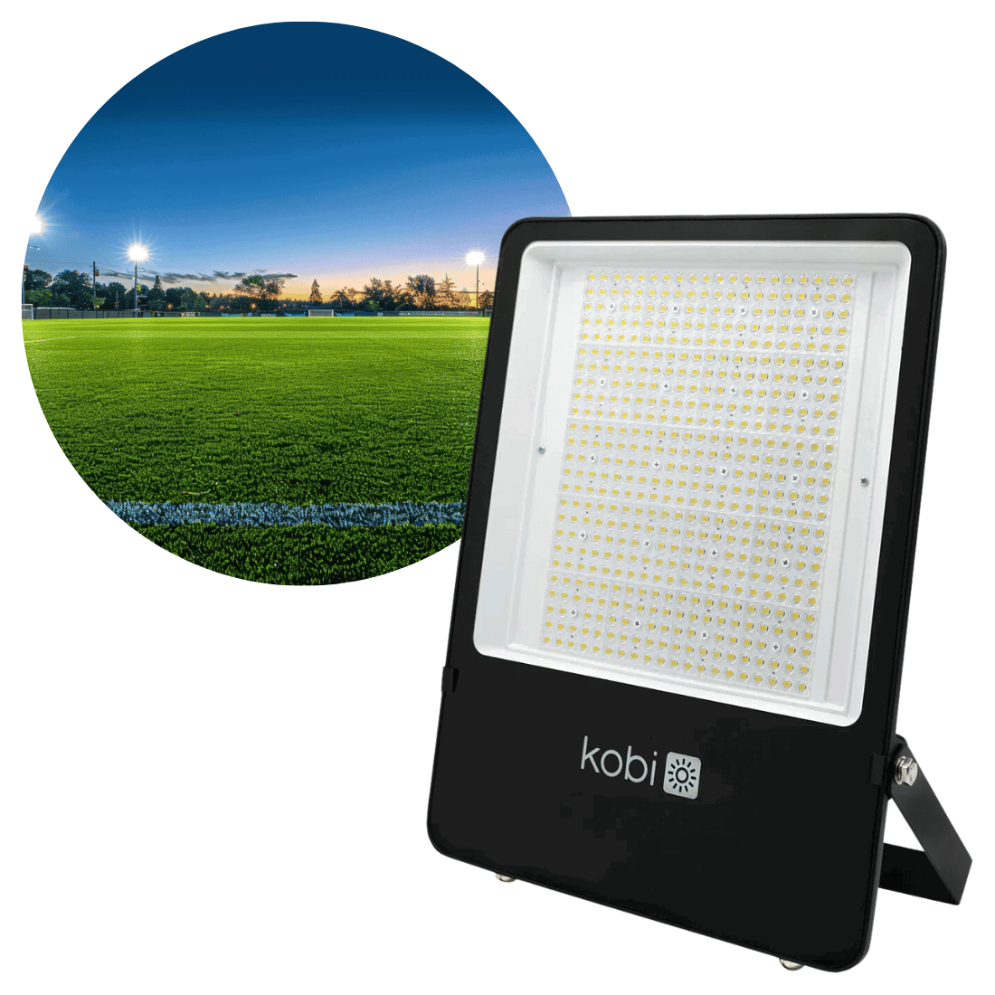 Kraftfull LED projektor på 300W i svart hölje med vit front och många små LED-dioder, visad med en upplyst fotbollsplan i skymningen.