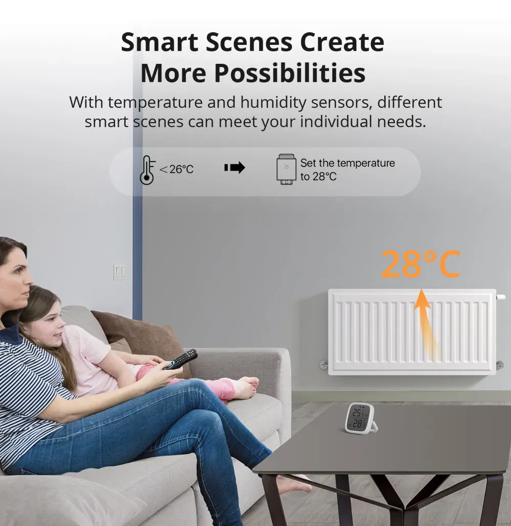 Familie i stue bruger Sonoff radiatortermostat i smart scene opsætning til at styre radiatorens temperatur med sensorer.