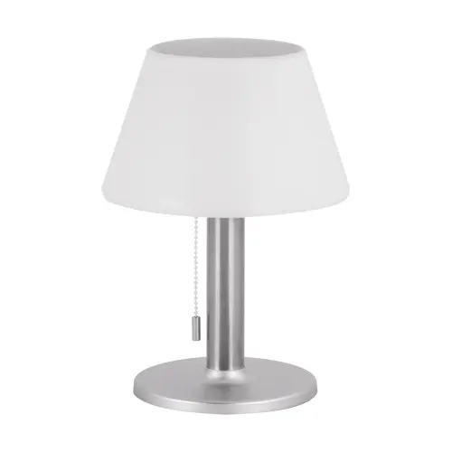 Skrivbordslampa i kompakt design med cylindrisk kromfot, vit konisk skärm och liten dragkedja, fotograferad mot neutral bakgrund.