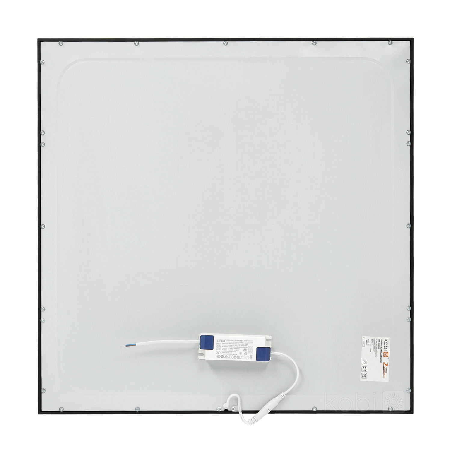 Baksida av LED Panel 60x60 med svart ram och ansluten driver. Panelen på 40W och 4000K har inbyggd LED för effektiv inomhusbelysning.