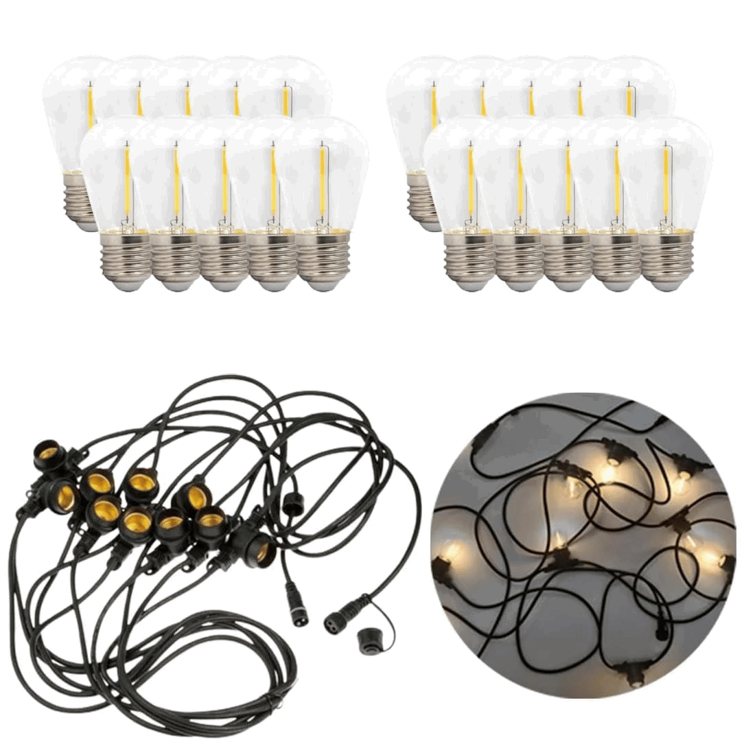 LED lyskæde med pærer - 20m - inkl. 20 stk. Filament Plast Pærer