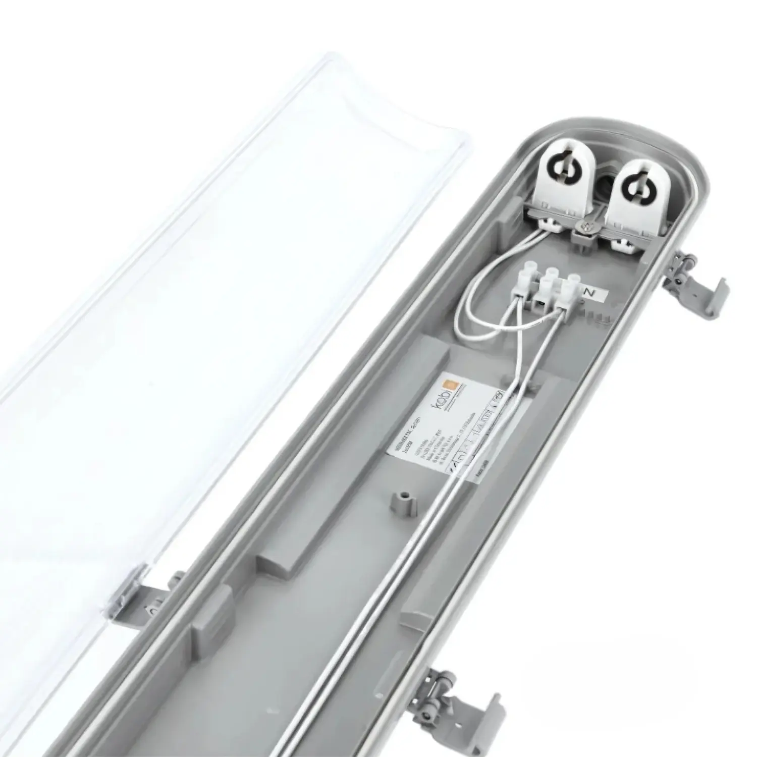 LED industriarmatur 120 cm IP65 med plats för två T8 LED-rör 2x18W, visad öppen med kontakter och kabeldragning i grå armaturkropp.