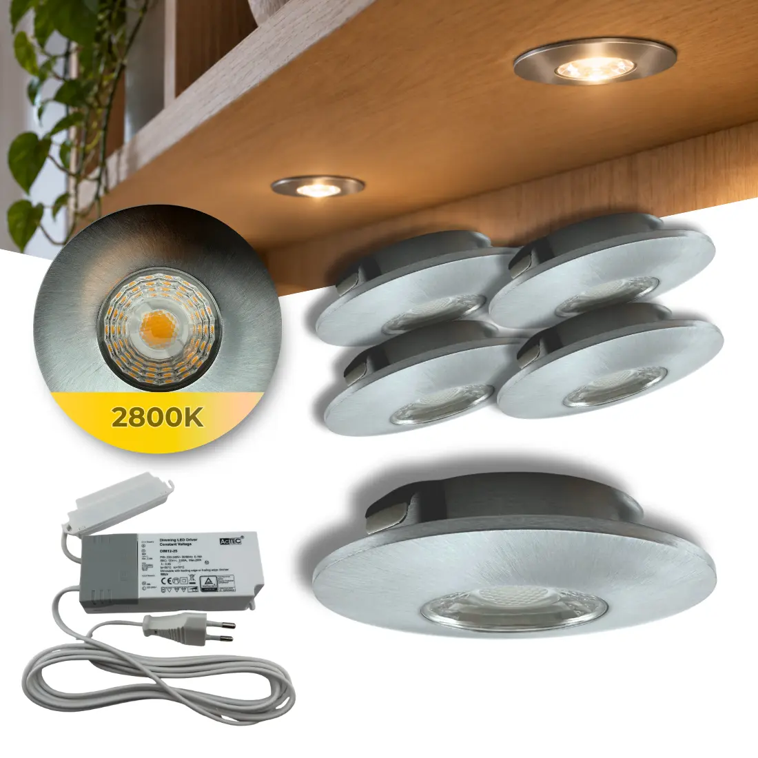 MITO Meubelspot 5 stuks incl. Driver &amp; Verdeler | LED | Dimbaar | Geborsteld staal