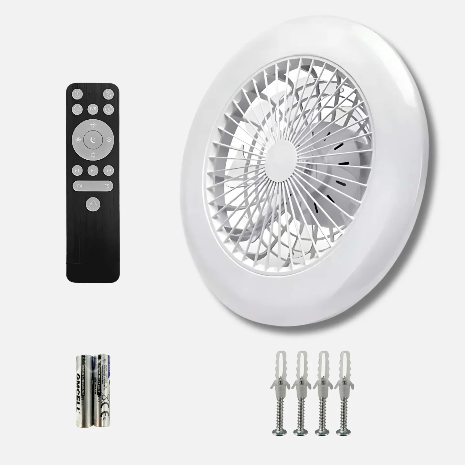 Loftventilator med lys vist med fjernbetjening, batterier og monteringsskruer.