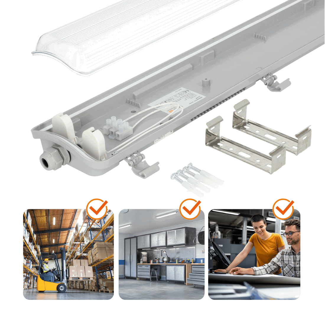 LED industriarmatur med åbent dæksel, monteringsbeslag og eksempler på brug i lager, værksted og køkken.