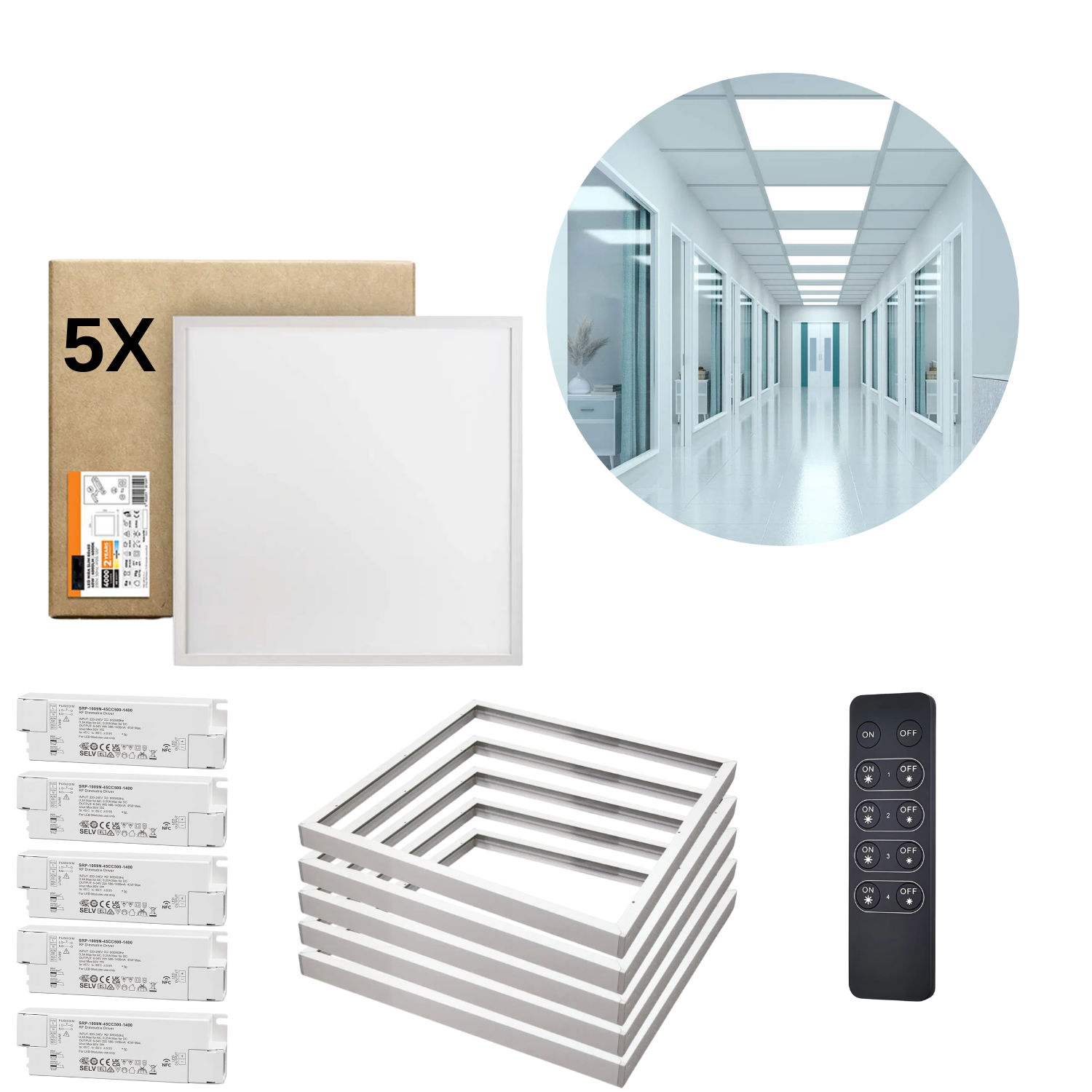 LED-panel 60x60 | 5-pack | Dimbar | 4000K | 4000lm | Inkl. fjärrkontroll och monteringsramar | NIRA | Vit