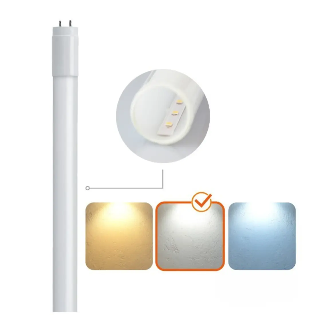 LED lysrör T8 120cm, 18W med 2880lm, 4000K neutralvitt och 240° spridningsvinkel. Röret visas med närbild av LED dioder samt färgikoner för varmvit, neutralvit och kallvit där neutralvit är markerad.