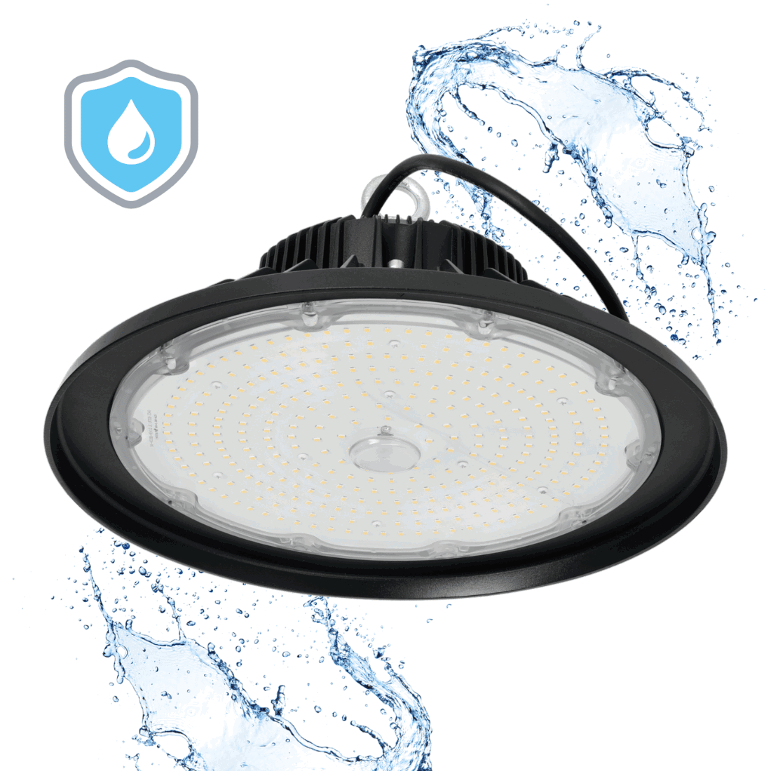 LED industrilampe RIO PRO 200W i sort design med rund ramme og forstærket PC-dæksel, vist med vandstænk. Lampen er IP65 klassificeret og velegnet til støv- og vandtætte industrielle installationer.