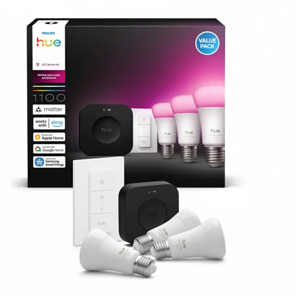 Philips Hue E27 Startsæt | White & Color Ambiance | Bridge Pro + Switch | 1100lm | 8.1W