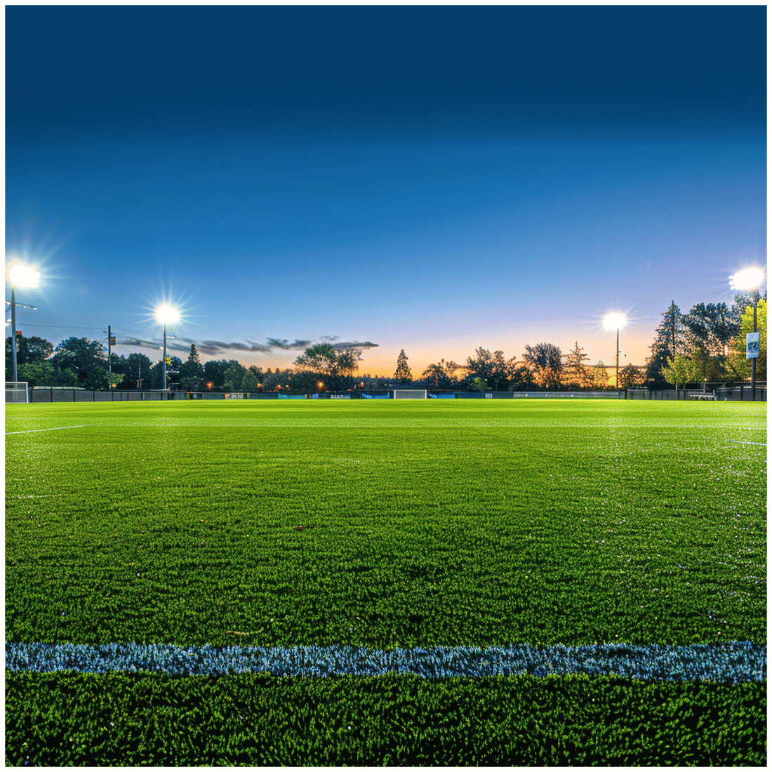 Upplyst fotbollsplan i kvällsskymning, där LED projektor ger stark belysning över det gröna gräset.