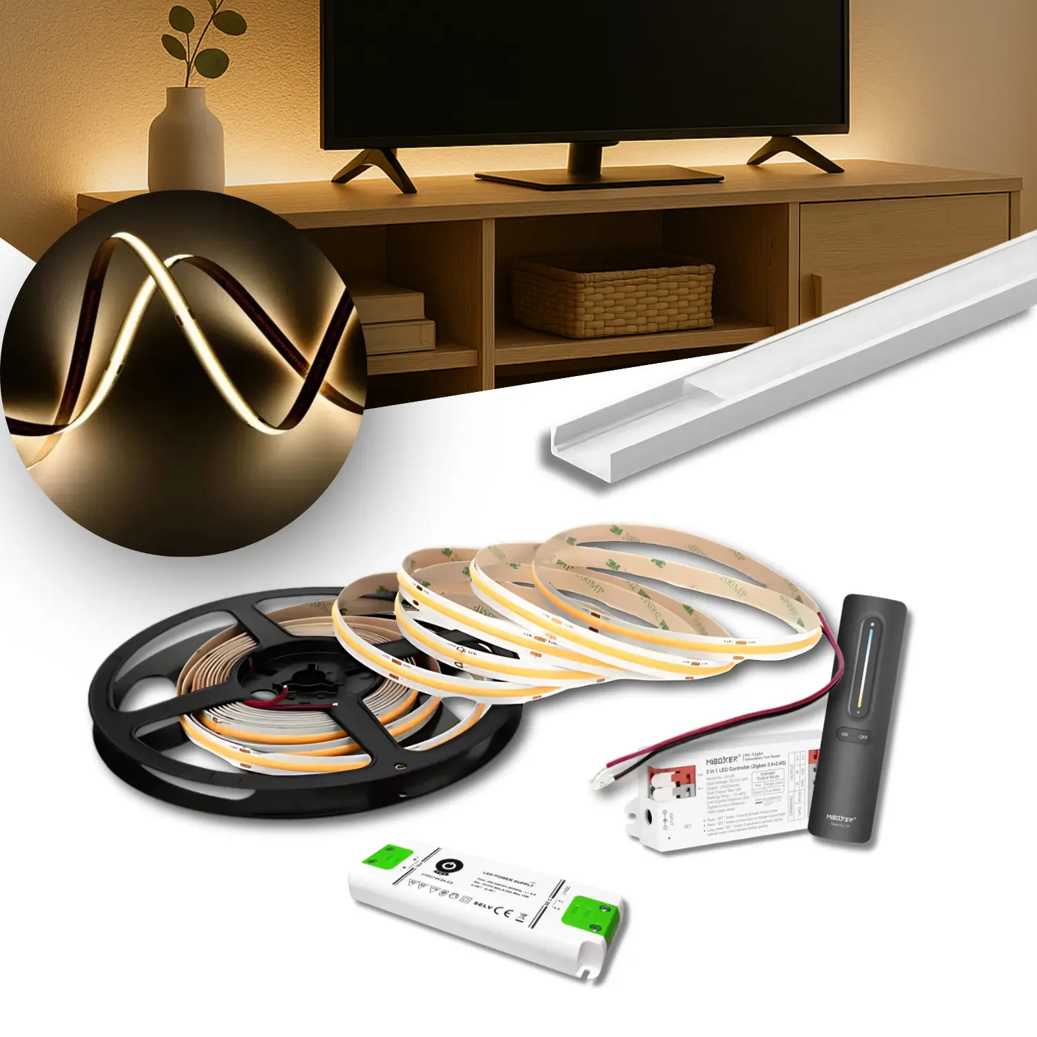 COB LED Strip Set | 6m | 3000K | Zigbee | 9W/m | 8mm | Inkl. Styrenhet, Fjärrkontroll och Profil