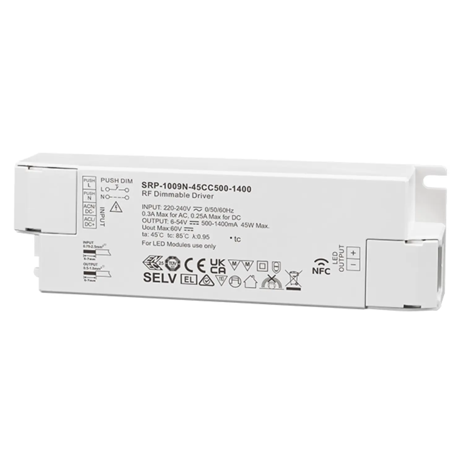 RF LED Paneelstuurprogramma | 45W | 500-1400mA | 1CH | NFC Dimbare Stuurprogramma