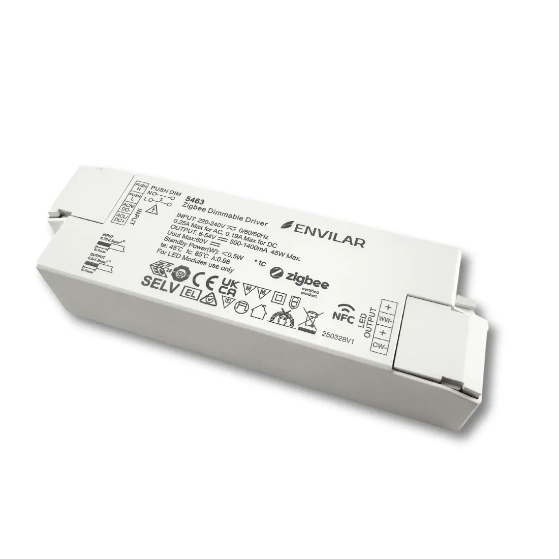 LED Panel Driver i hvidt ENVILAR-kabinet med Zigbee og NFC til CCT-paneler, 45 W, justerbar 500–1400 mA og udgang 6–54 V. Push-dæmpning og tydeligt mærkede +/− samt WW/CW klemmer.