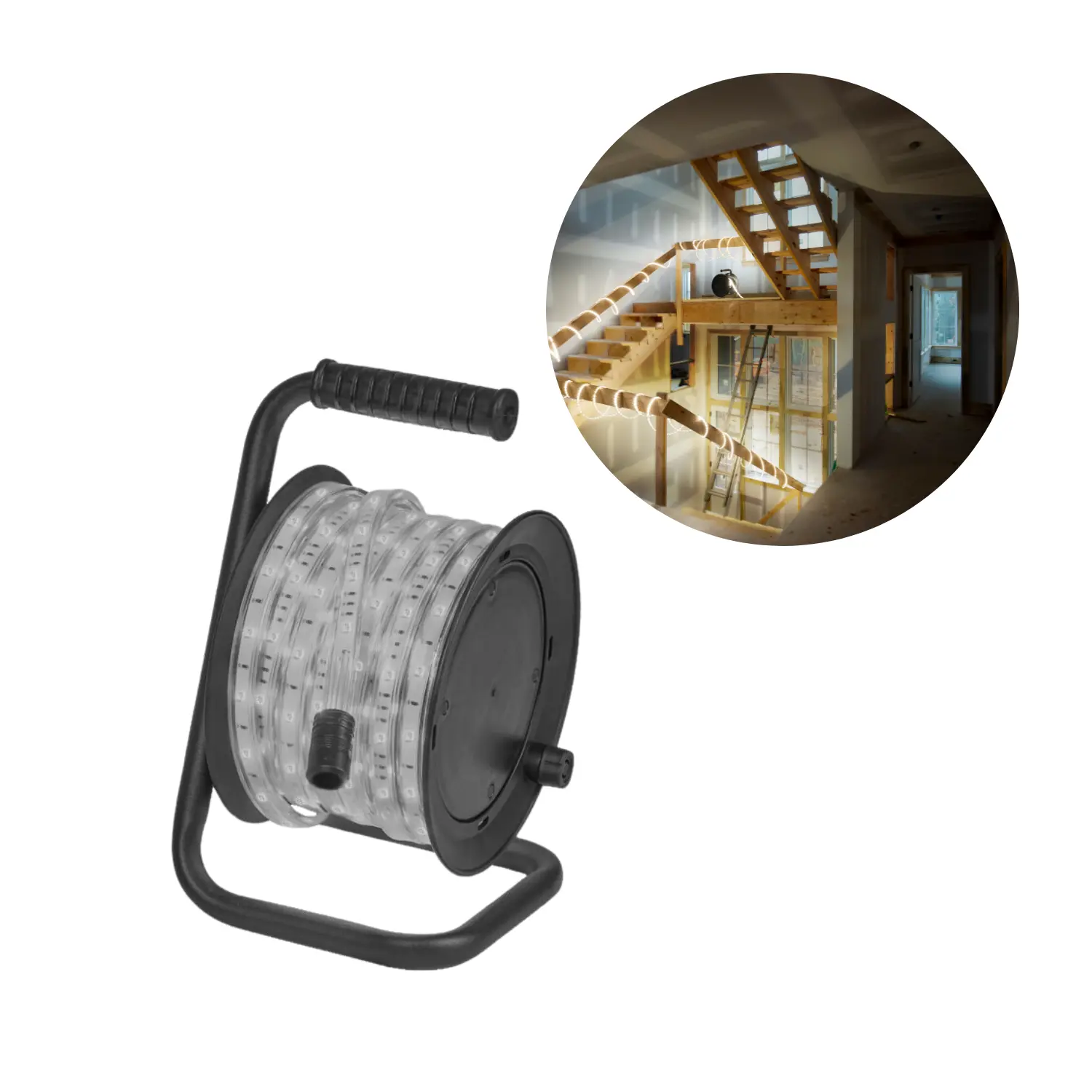 LED ljusband på rulle med svart hållare, avsett för flexibel montering i bygg- eller renoveringsmiljöer.