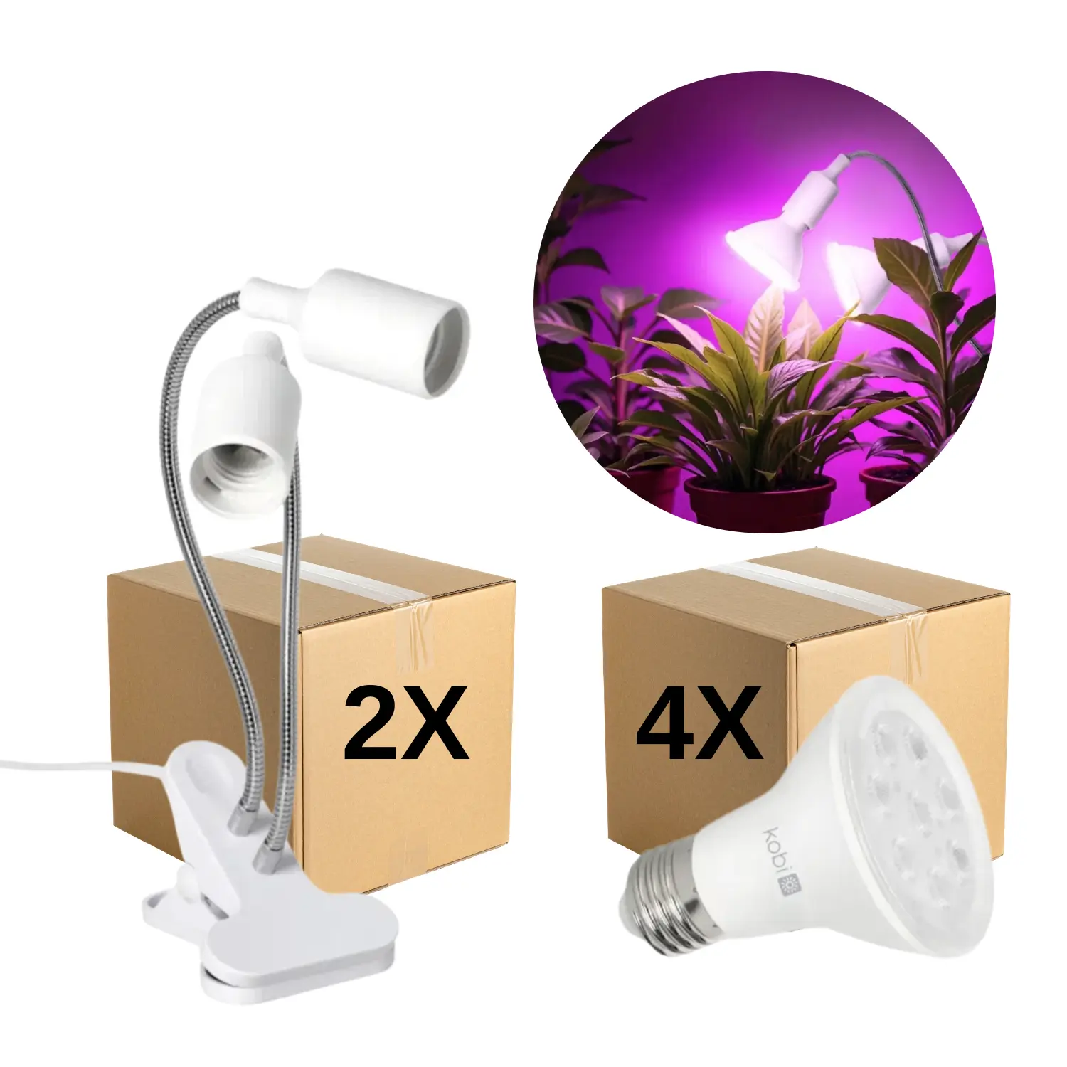 Odlingslampa + glödlampa | 2-pack | 7,4 PPF | 7W | 2 armar | med klämma | vit