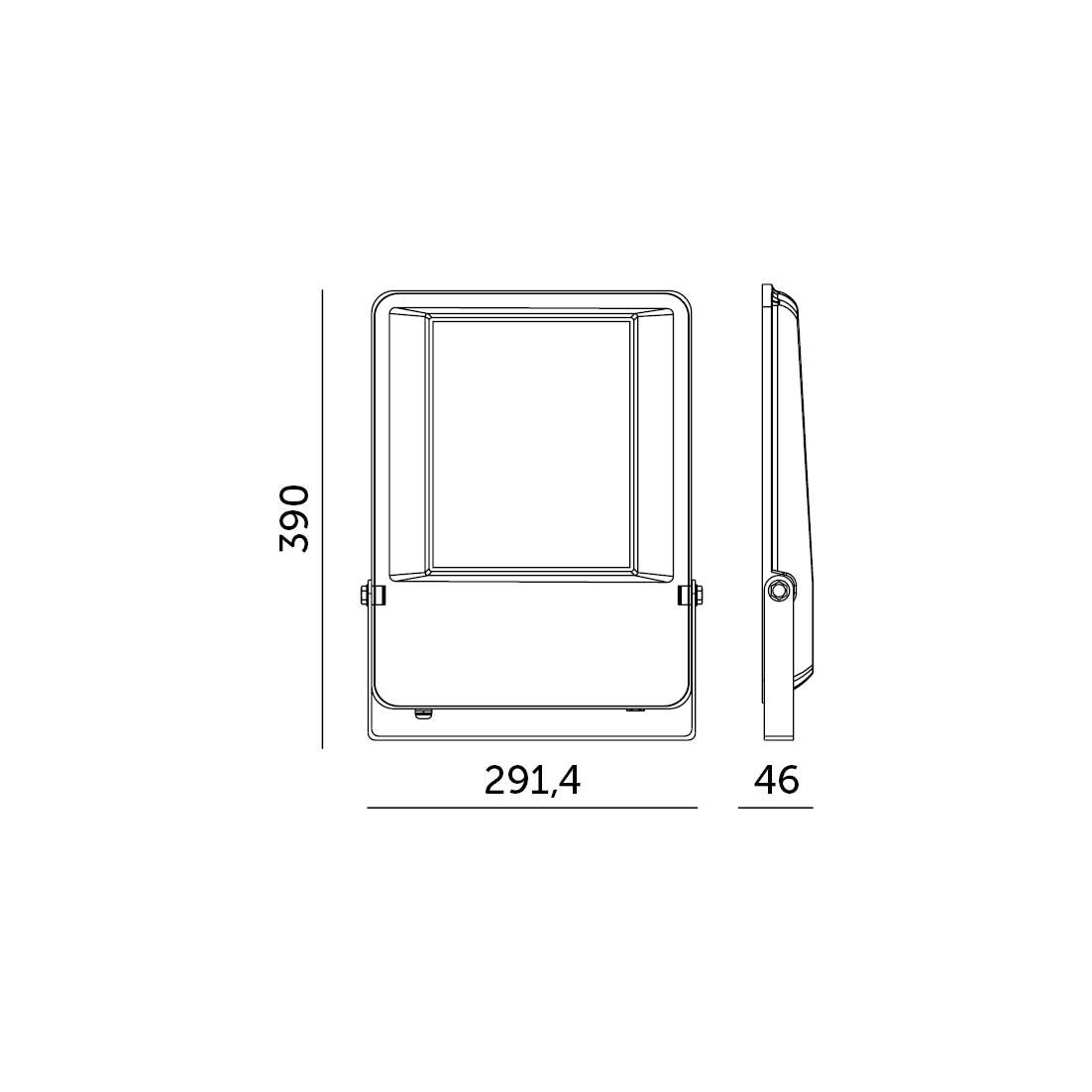 Tekniske tegninger af LED projektør med mål på 390 x 291,4 x 46 mm, der viser højde, bredde og dybde.