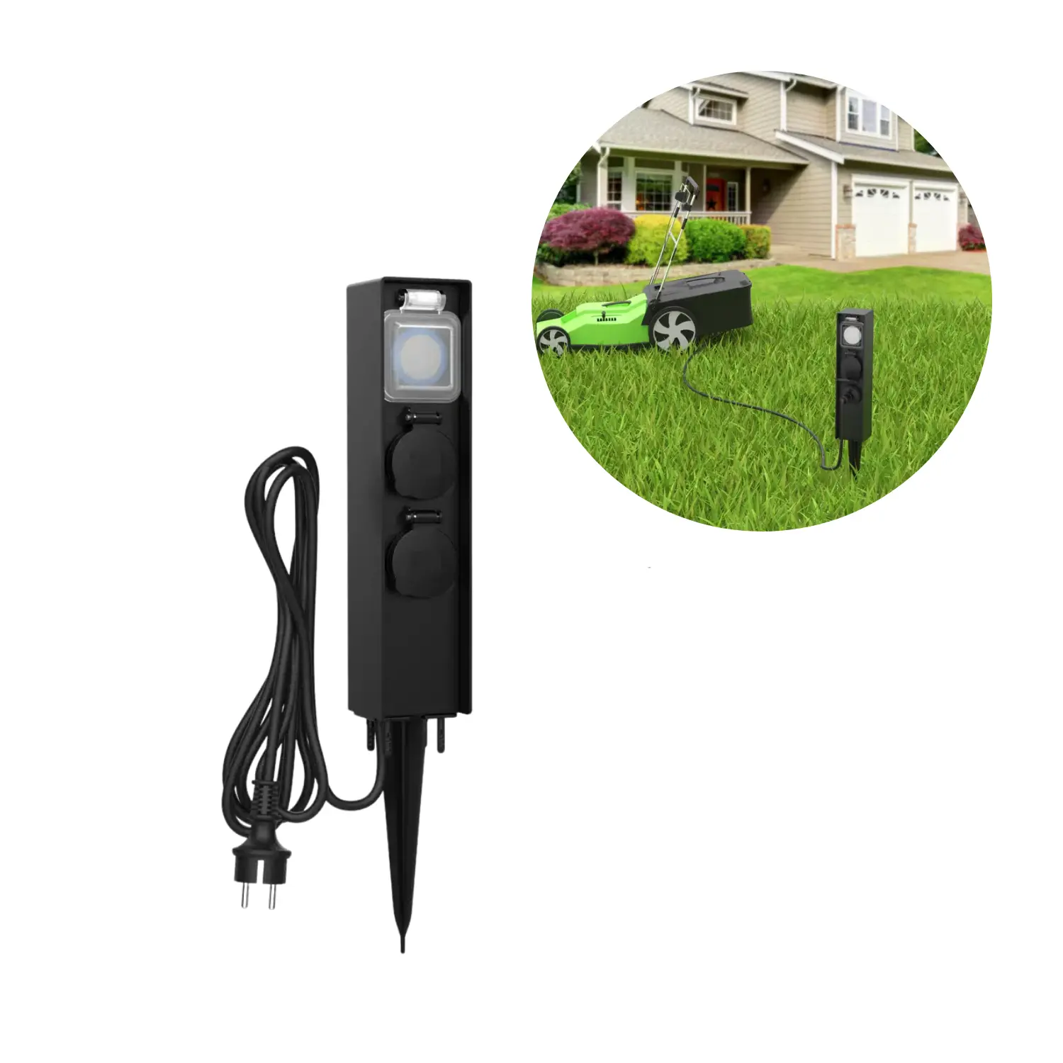 Trädgårdsspett med timer | 2 Schuko-uttag | 1,5 m kabel | IP44 | Svart