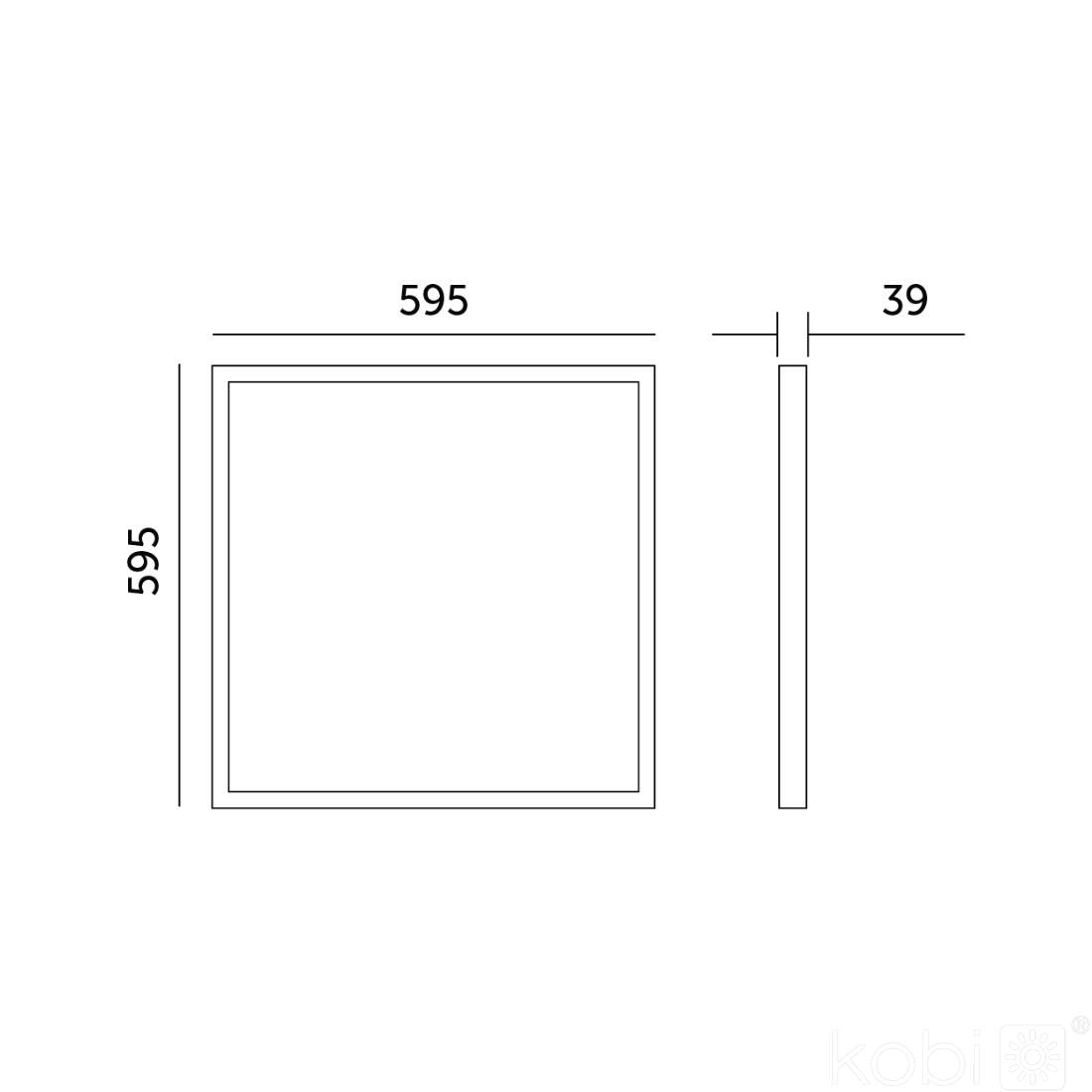 Teknisk ritning av LED Panel 60x60 med mått 595x595 mm och en tjocklek på 39 mm. Illustrationen visar panelens kvadratiska form och kompakta design.