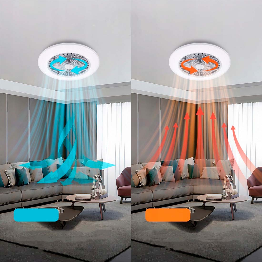 Takfläkt med ljus i vardagsrum, visad med svalkande blå luftström och värmande röd luftcirkulation.