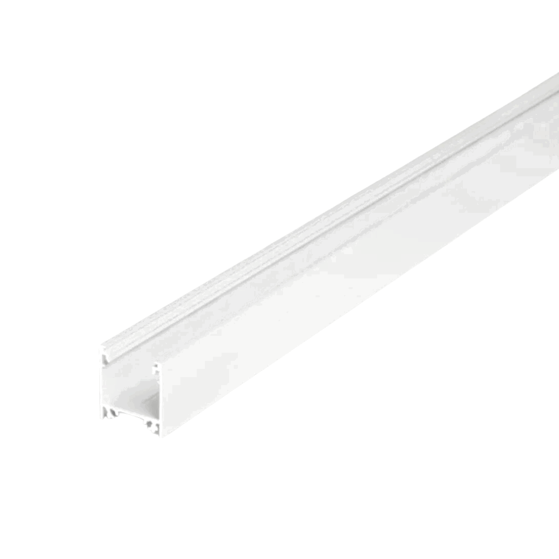 Lang hvid aluprofil med påmonteret diffuser til LED strips.