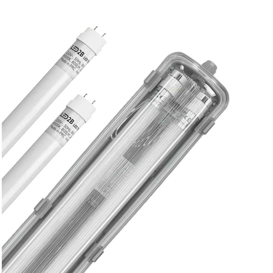 LED industriarmatur 120 cm med två utbytbara T8 LED-rör 2x18W i 4000K, stänkskyddad IP65 i grå armaturkropp.