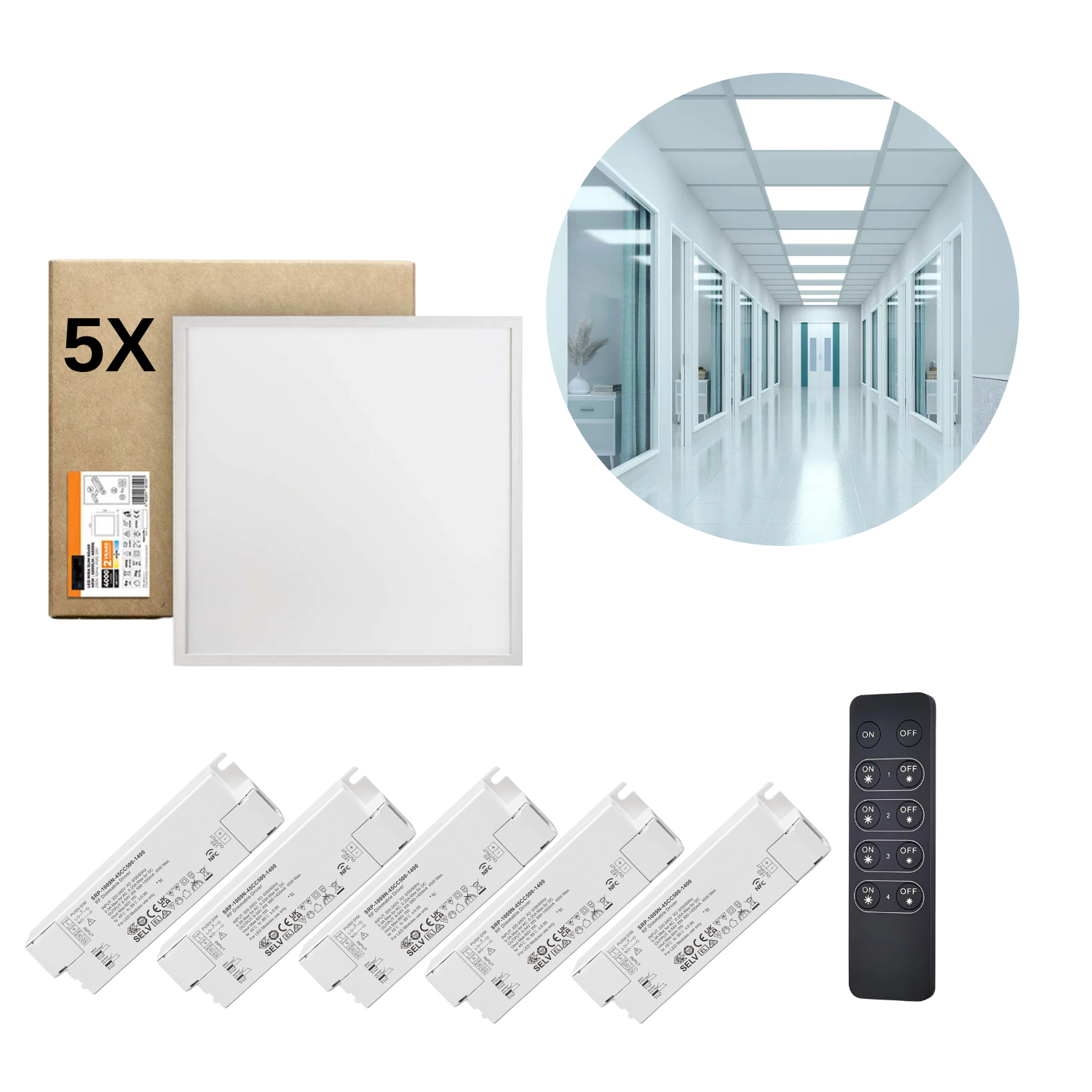LED-panel 60x60 | 5-pack | Dimbar | 4000K | 4000lm | Inkl. fjärrkontroll | NIRA | Vit