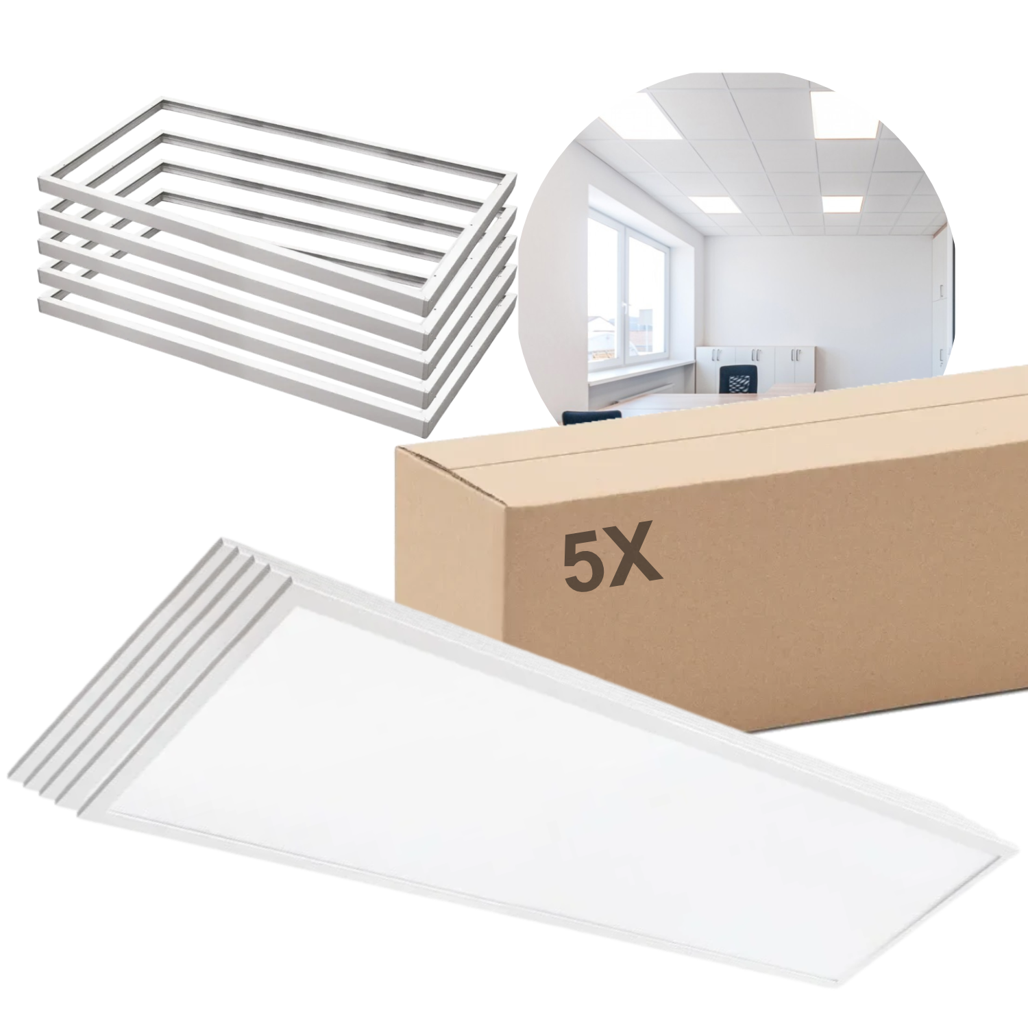 LED Panel 30x120 | 5-Pak | 4000K | 4320lm | 36W | NELIO G2 | Inkl. Påbygningsramme | Hvid