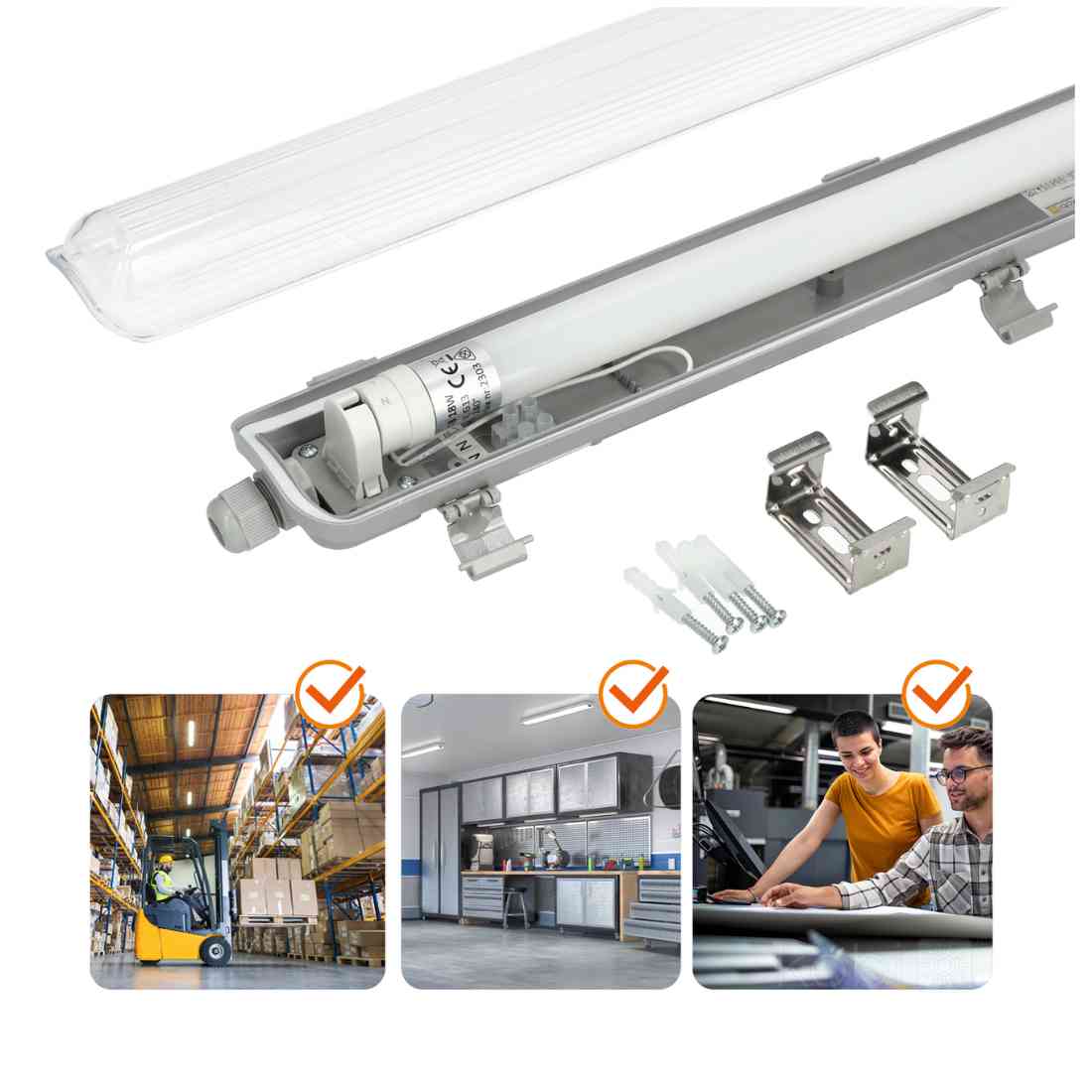 LED industriarmatur visad med beslag, skruvar och monteringsdelar, lämplig för verkstad, lager och köksmiljöer.