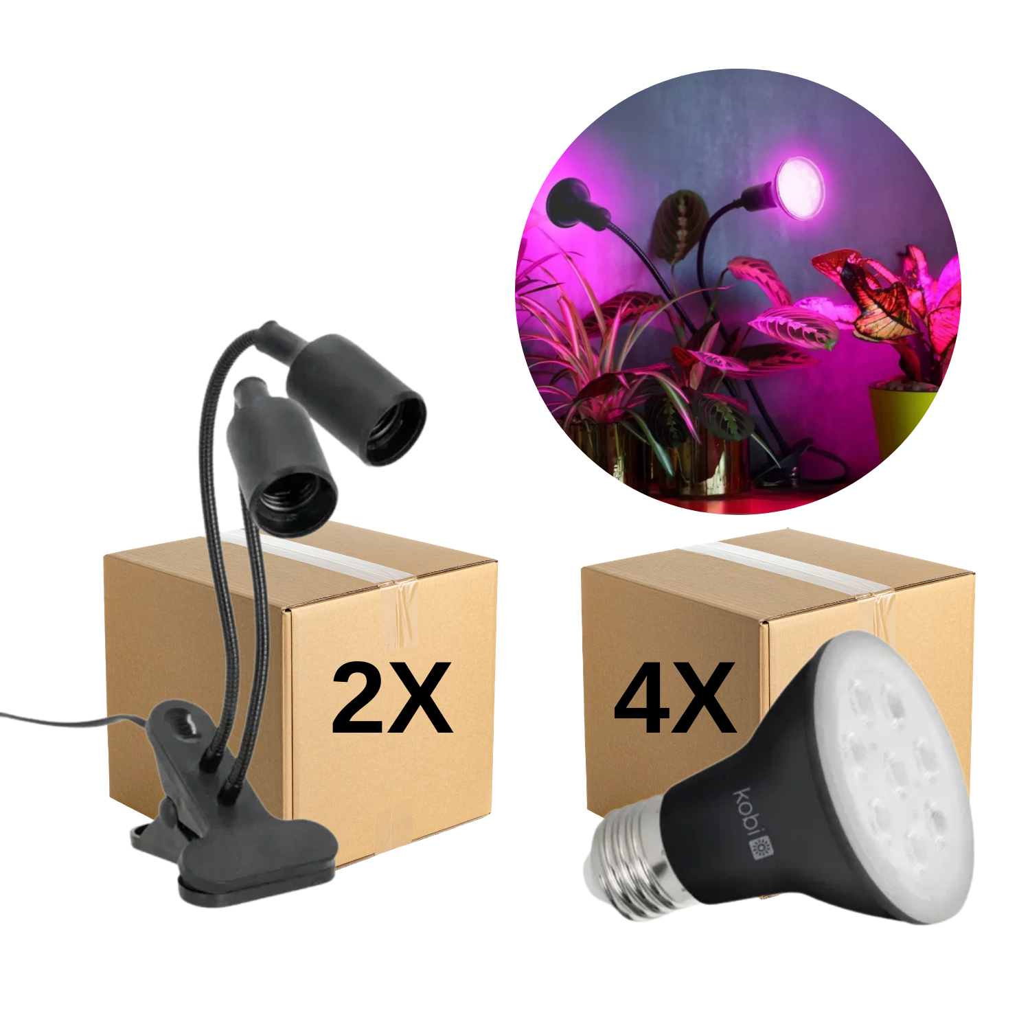 Odlingslampa + glödlampa | 2-pack | 7,4 PPF | 7W | 2 armar | med klämma | svart