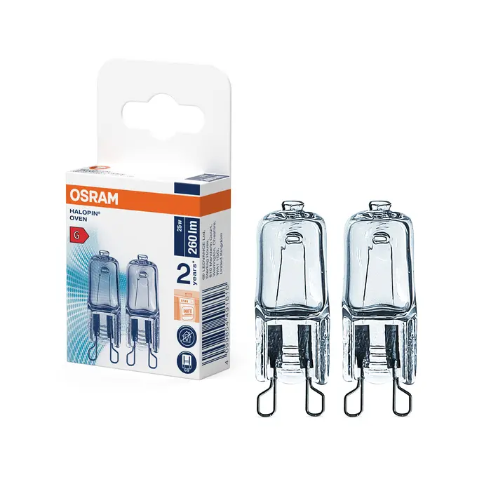 Osram Halopin OVEN 25W G9 Ofenlampe aus klarem Glas mit kompakter Fassung, präsentiert neben der Originalverpackung.