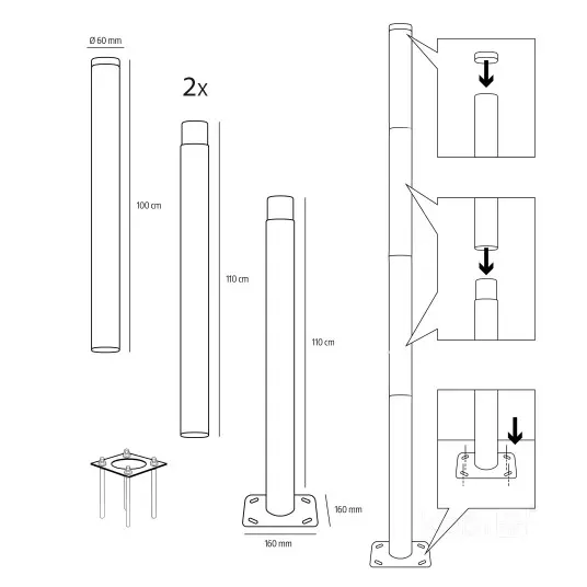Stolpfot för LED lampor med monteringsanvisning, passar till Ø60 mm master och visas i total höjd på 4 meter.