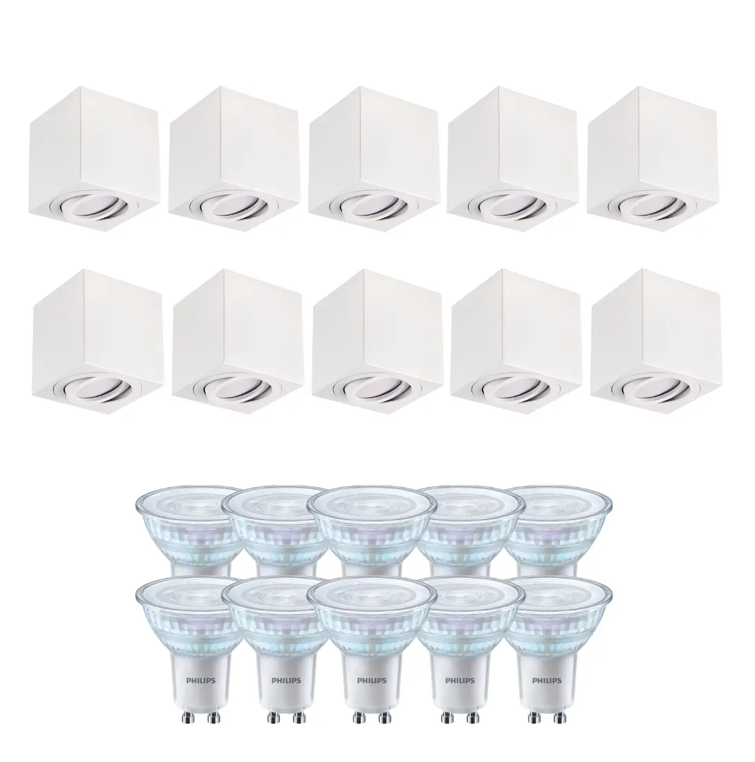 Takspotlight | 10 st. paket inkl. GU10 3000K | Dimbara | Fyrkantig | Vit | med Vinklingsbar | Inomhus | 230V