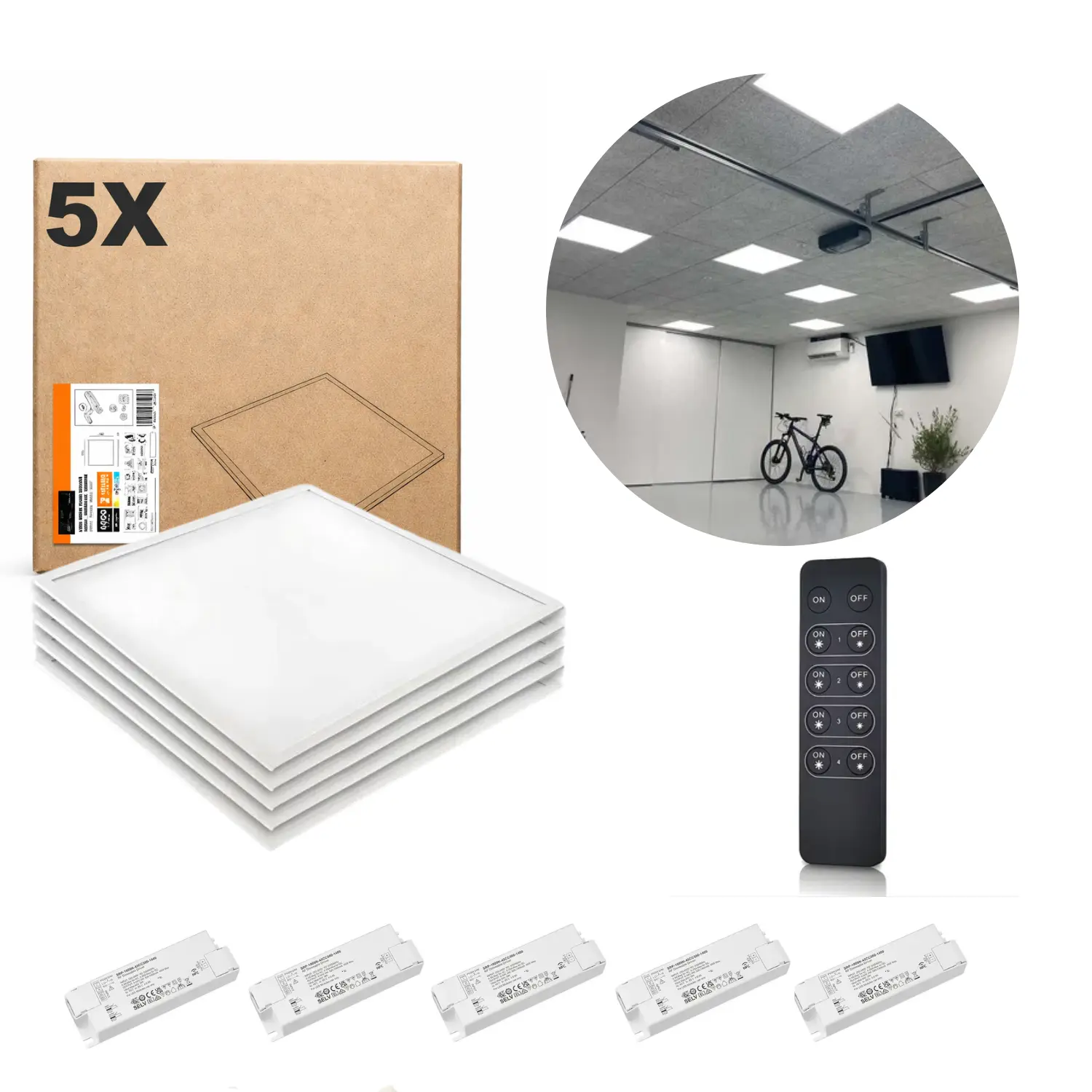 LED Paneel 60x60 | 5-pak | Dimbaar | 3000K | 4000lm | 40W | Incl. Afstandsbediening | NIRA | Wit