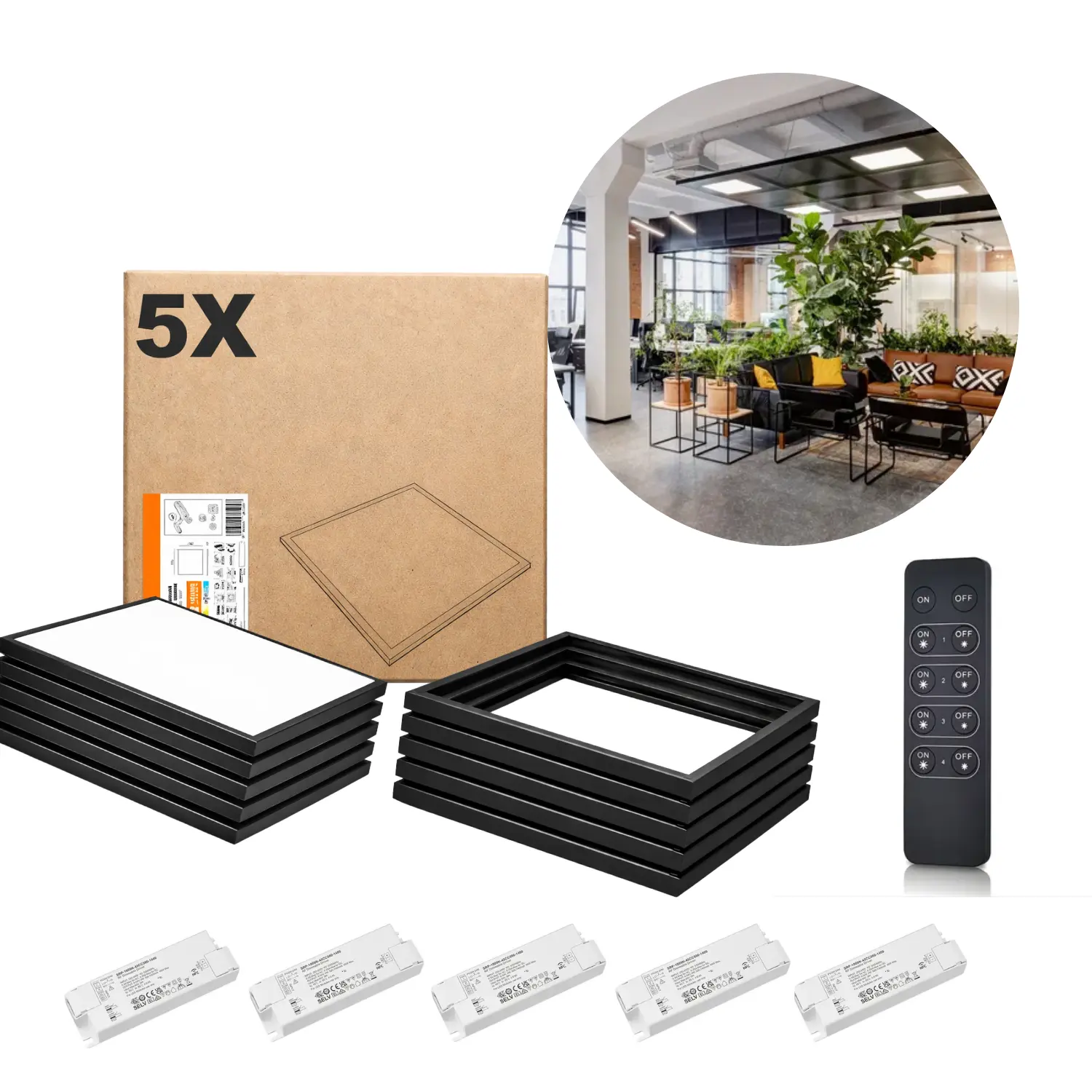 LED-panel 60x60 | 5-pack | Dimbar | 4000K | 4000lm | Inkl. fjärrkontroll och Troldtekt-ramar | NIRA | Svart