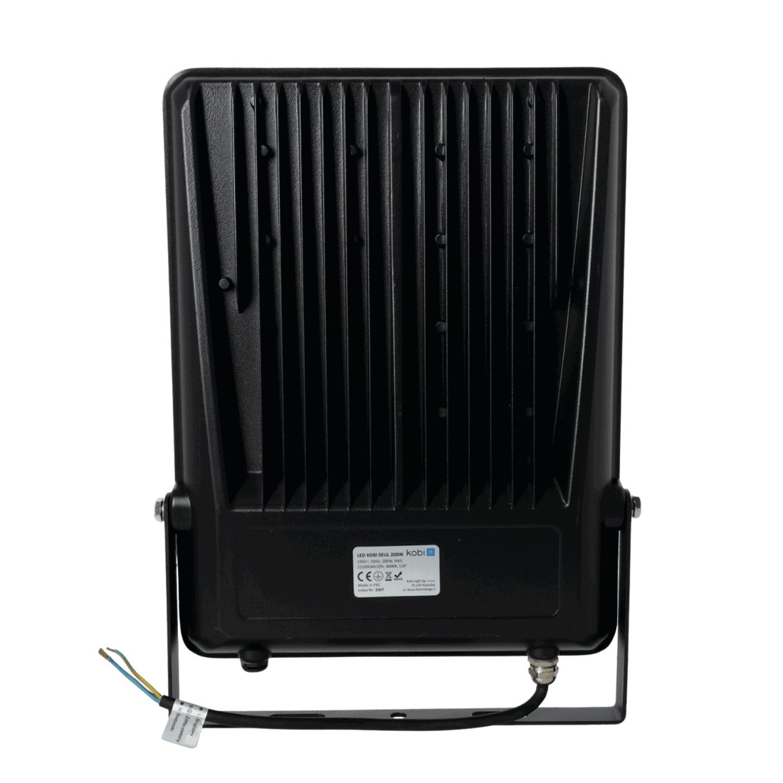 Bagsiden af sort LED projektør med køleribber og tilslutningskabler, beregnet til robust udendørs brug.