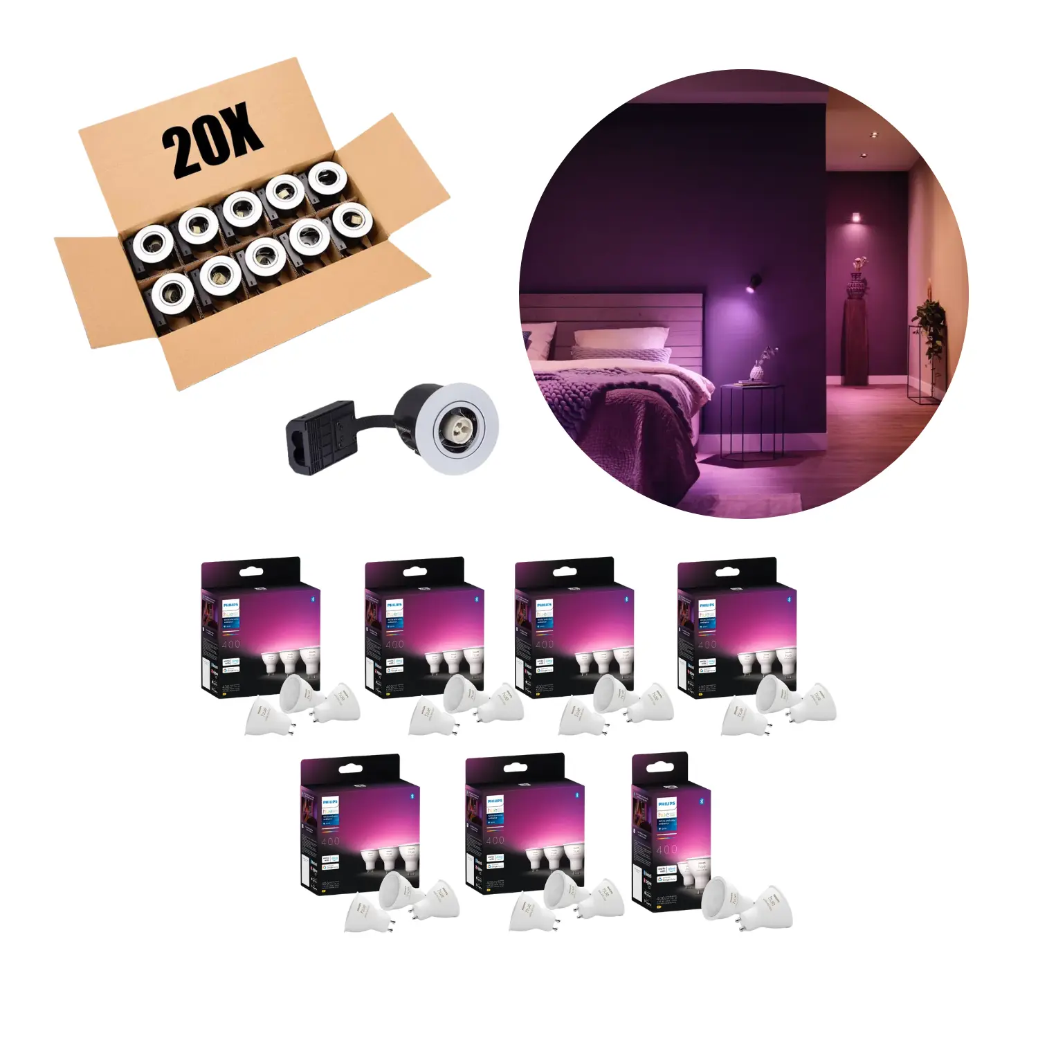 Set med infällda spotlights | 20-pack | Inkl. 20 Philips Hue GU10 | Vit &amp; färgambiance | 400lm | 4,2V | VENTA