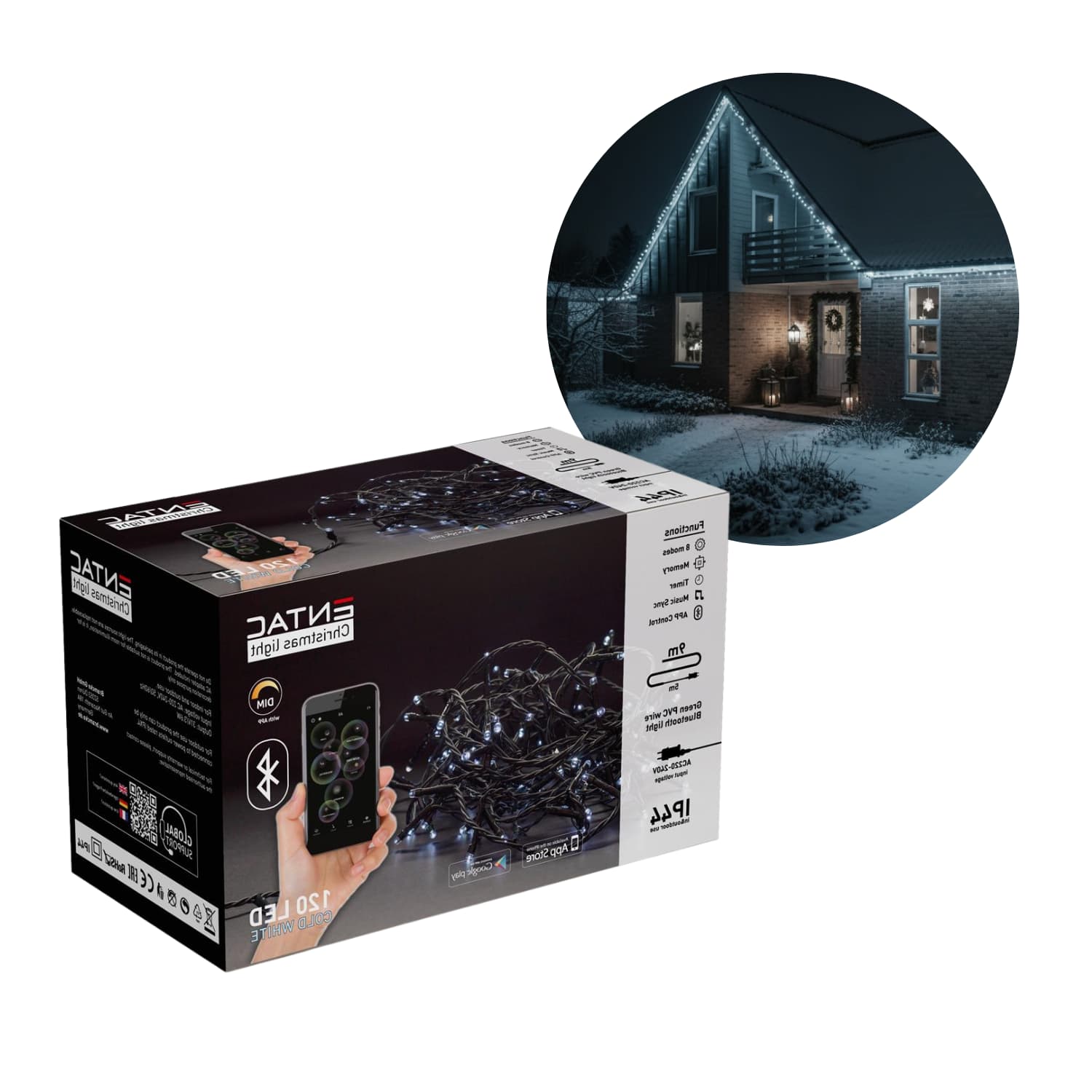 App-gestuurde LED kerstverlichting voor buiten | 9 m lichtsnoer | 6400K | 8 lichtstanden | IP44 |